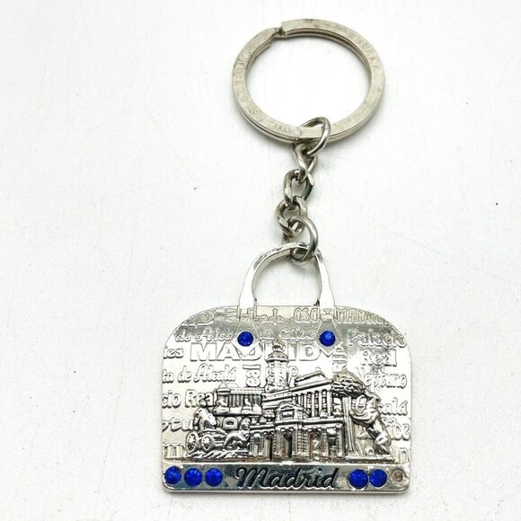 CHIC SELECTION Madrid Souvenir Keychain Silver Tone Blue Rhinestone Accents - Picture 1 of 8